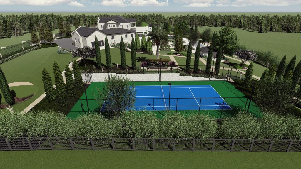 Tennis court and pool design on rural project