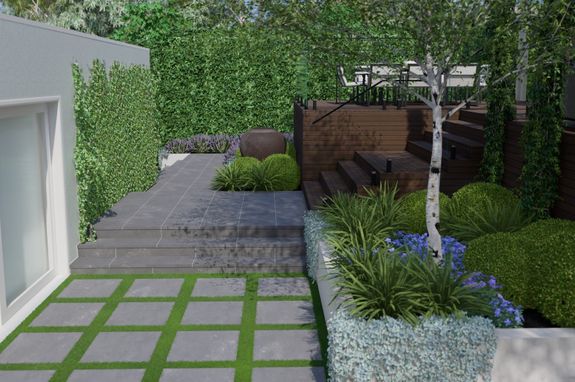 steppers in lawn with landscape design