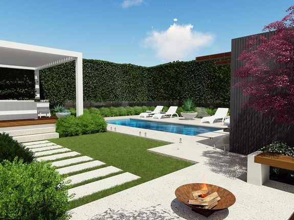 backyard swimming pool design with fire pit