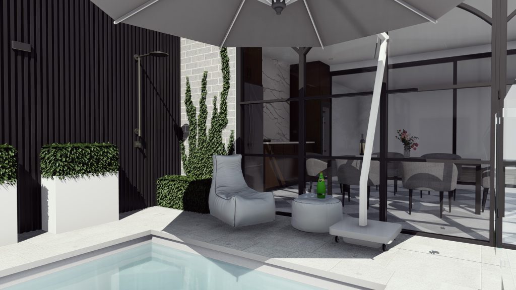 pool side seating with umbrella