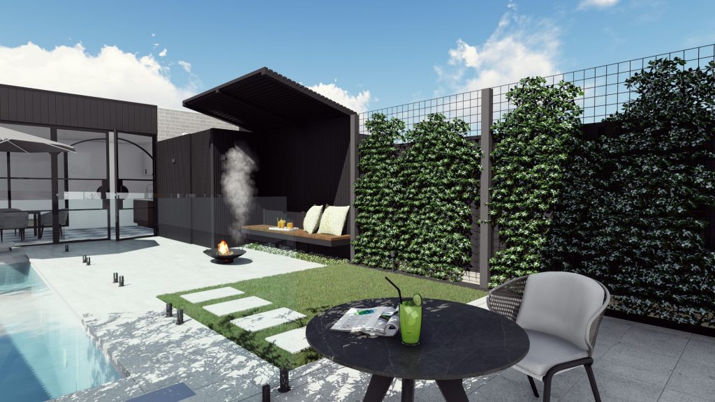 fire pit and trellis in small garden design