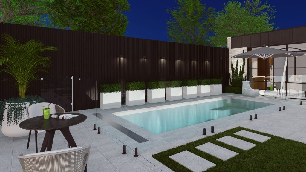 courtyard pool design with paving in lawn