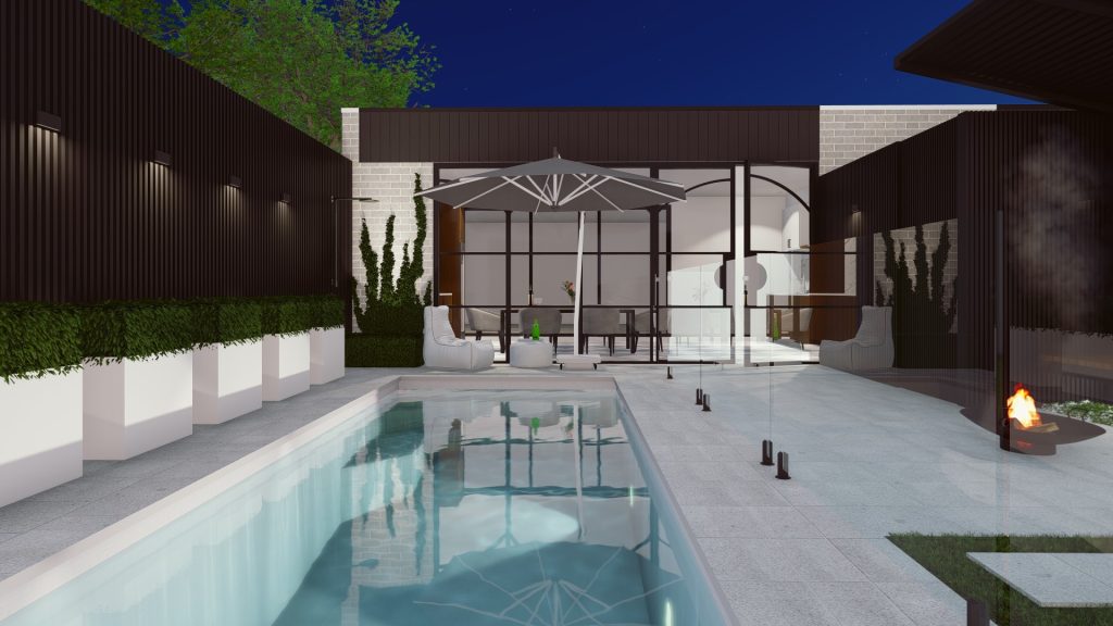 custom pool design with alfresco and outdoor lighting
