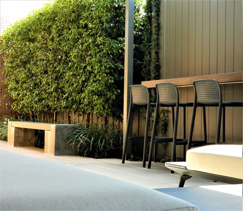 small garden courtyard with bench seating