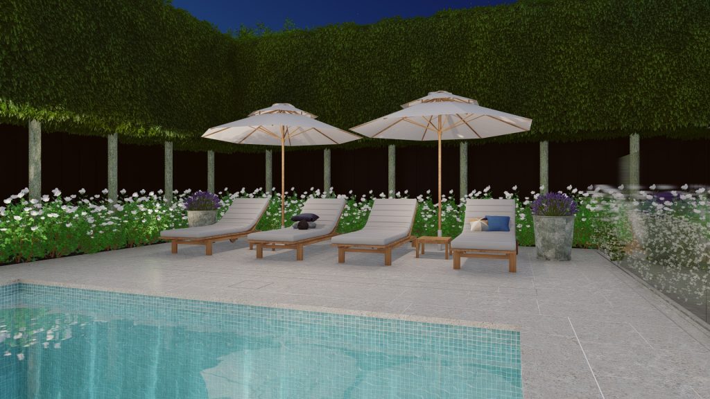 pool and sunbeds landscape design
