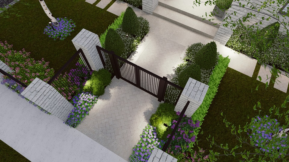 Landscape Design of front yard with fence and gates