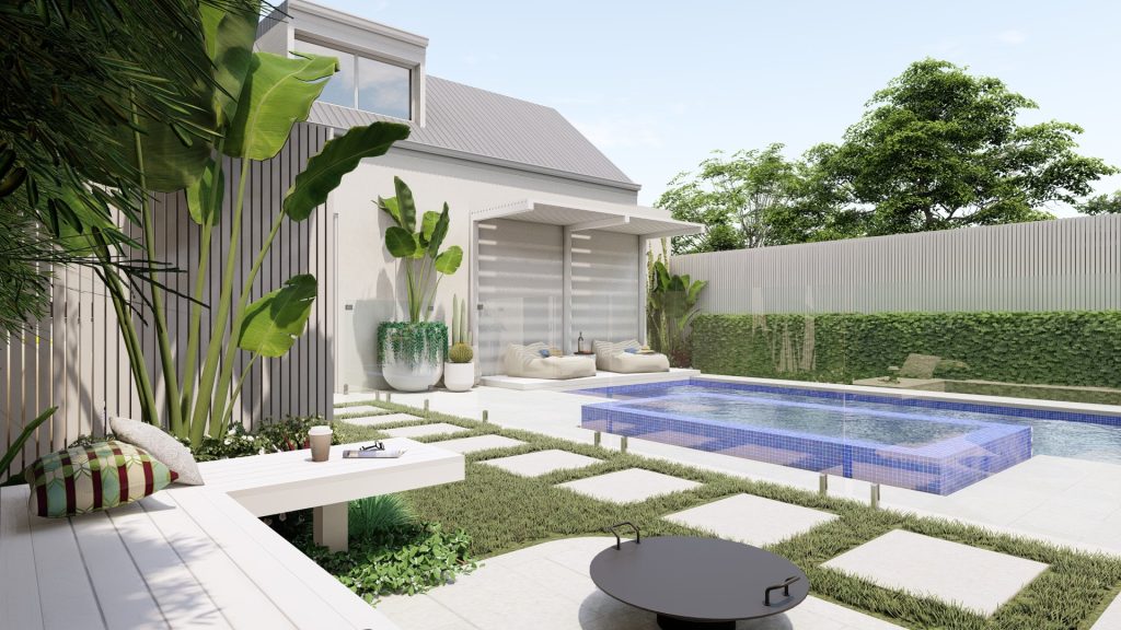 pool landscape with pavers in lawn bench seat and pool shade