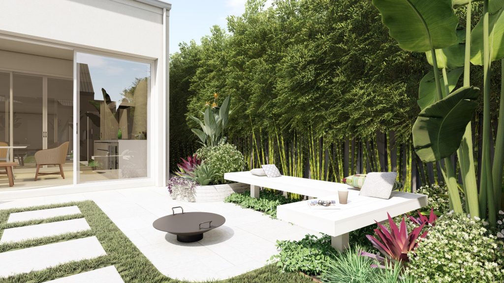 outdoor fire pit with bench and plantings landscape design