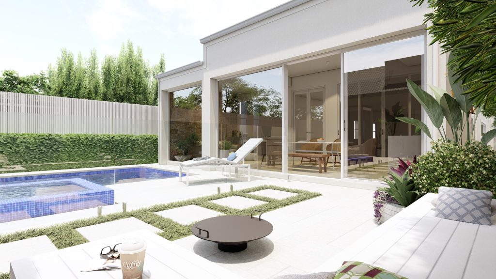 alfresco room with pool and fire pit