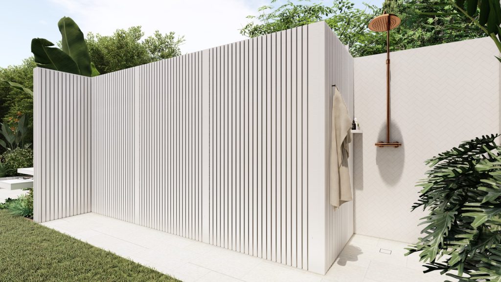 outdoor shower with pool equipment storage