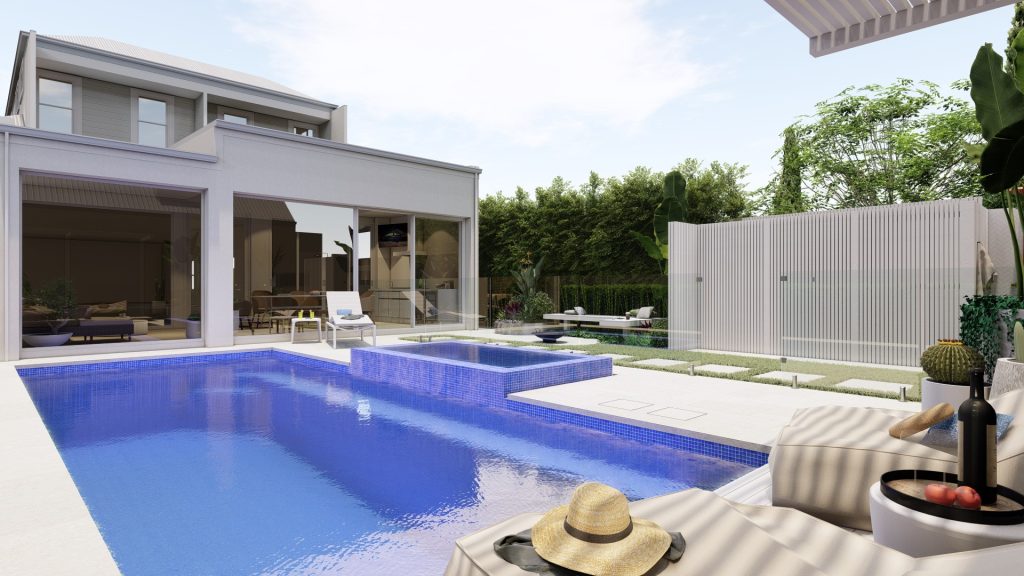pool landscape design with storage for equipment and fire pit