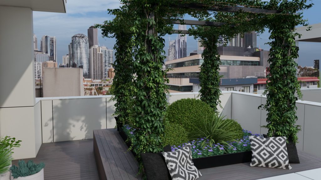 rooftop landscape design with arbour