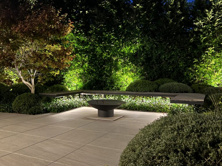 garden bench seat with lighting and fire pit